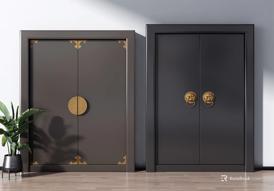 Black Solid Wood Entry Doors Featuring Gold Accents And Brass Round Lion Head Knockers 3d model 