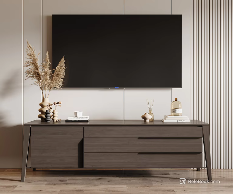 Modern TV Stand With Flat Screen TV Pampas Grass Candles And Books 3d model 