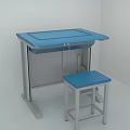 Simple Modern Desk and Stool Set With Blue Top and Gray Frame 3d model