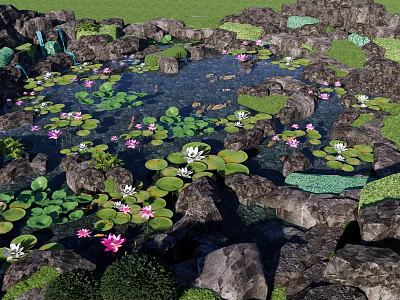 Waterfront Landscape With Pond Rocks Pink And White Water Lilies And Greenery 3d model