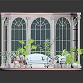 Indoor Scene With Pink Arched Windows Sofa Plants And Wooden Table 3d model