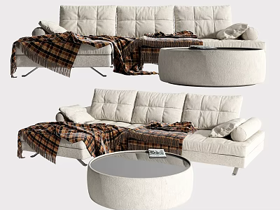 Beige Sectional Sofa with Plaid Blanket and Round Coffee Table in Modern Living Room Setting 3d model