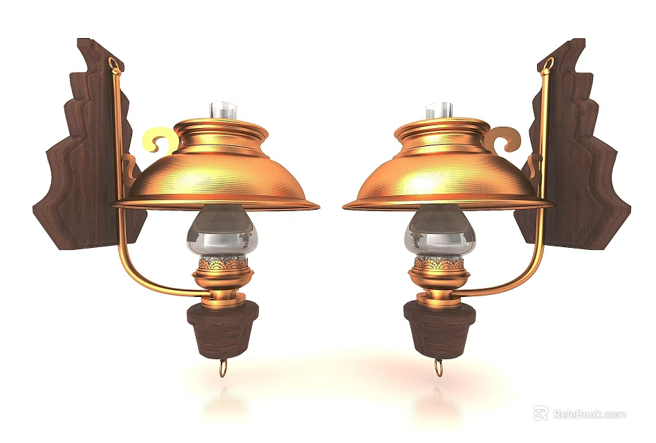 Pair of Vintage Brass and Wooden Wall Lamps with Glass Shade and Classic Design 3d model 