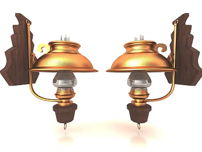 Pair of Vintage Brass and Wooden Wall Lamps with Glass Shade and Classic Design 3d model