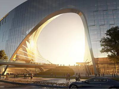 Modern Arched Building Exterior With Glass Curtain Walls Sunset Scene People And Car 3d model