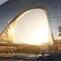 Modern Arched Building Exterior With Glass Curtain Walls Sunset Scene People And Car
