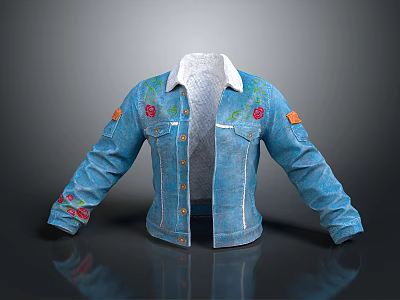 Blue Denim Jacket With Embroidered Red Flowers Orange Patches And Collar 3d model