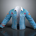 Blue Denim Jacket With Embroidered Red Flowers Orange Patches And Collar