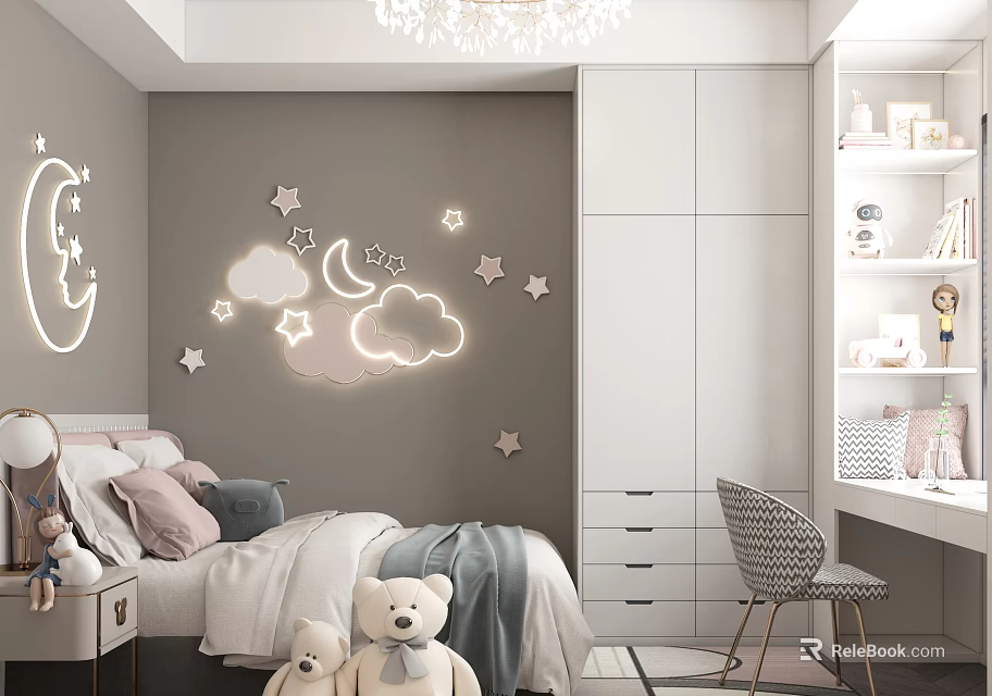Cozy Kids Room With Neon Moon Stars Cloud Lights Stuffed Toys And White Furniture 3d model 