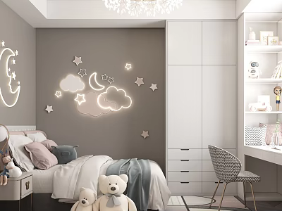 Cozy Kids Room With Neon Moon Stars Cloud Lights Stuffed Toys And White Furniture 3d model