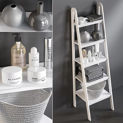Stylish Daily Washing Supplies With Soap Lotion Storage Ladder Towels And Baskets 3d model