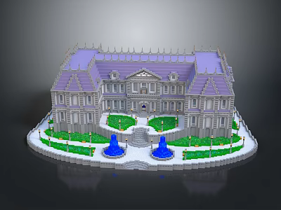 Ancient Architecture Featuring Purple Roof White Body Symmetric Blue Fountains Green Lawn and Circular Fence 3d model