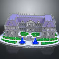Ancient Architecture Featuring Purple Roof White Body Symmetric Blue Fountains Green Lawn and Circular Fence