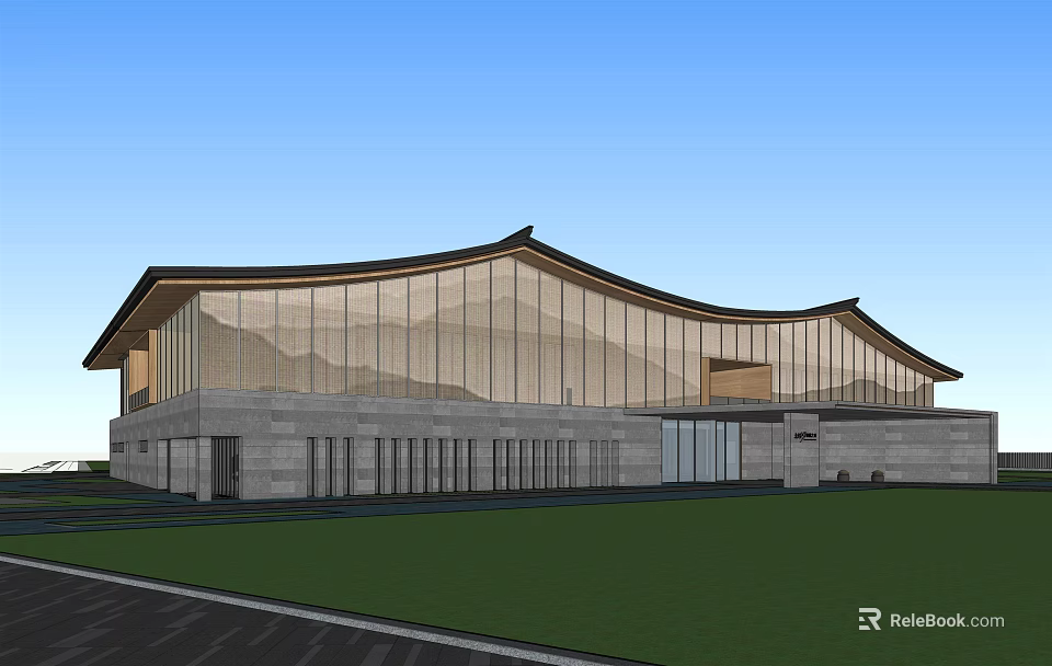 Modern Sales Office Building with Curved Roof Large Glass Facade Stone Wall and Front Lawn 3d model