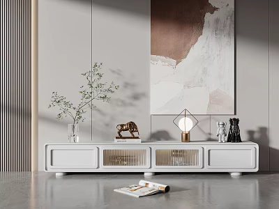 Minimalist White TV Stand with Open Shelves Decorative Lamp and Plant Vase in Modern Interior 3d model