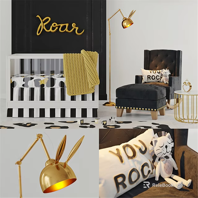 Stylish Black White Striped Children's Bed With Yellow Blanket Black Armchair Golden ROAR Decor 3d model 