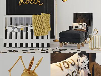 Stylish Black White Striped Children's Bed With Yellow Blanket Black Armchair Golden ROAR Decor 3d model