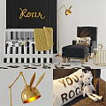Stylish Black White Striped Children's Bed With Yellow Blanket Black Armchair Golden ROAR Decor