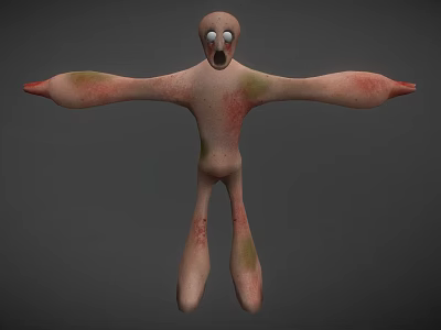 3D Humanoid Creature with White Eyes Open Mouth Outstretched Limbs Pink Body Green Red Spots 3d model