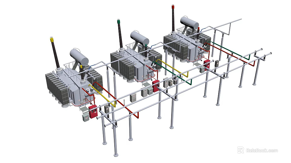 Industrial Plant Electrical Power System With Transformers Cabling And Support Structures 3d model