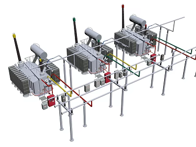 Industrial Plant Electrical Power System With Transformers Cabling And Support Structures 3d model