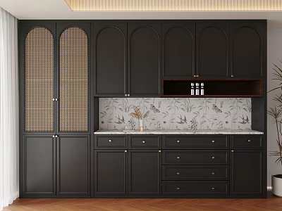 Modern Black Sideboard With Arched Doors Grid Panels Drawers And Marble Top 3d model