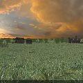 Beautiful Golden Sunset Rural Landscape With Vast Green Meadow Old Rustic Houses And Distant Trees
