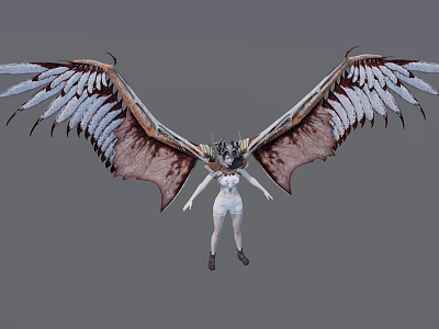 3D Render Of Woman Standing In White Dress With Large Wings On Gray Background 3d model