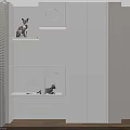 White Modern Storage Cabinet With Open Shelves Cat Figurines Circular Cutout And Arched Opening
