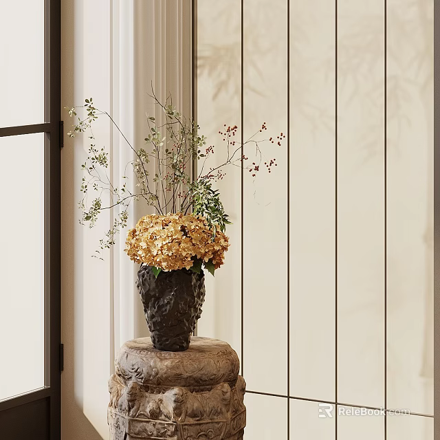 Dark Stone Vase With Golden Hydrangea And Red Berry Twigs On Minimalist Interior Pedestal 3d model 