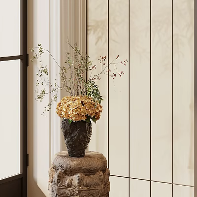 Dark Stone Vase With Golden Hydrangea And Red Berry Twigs On Minimalist Interior Pedestal 3d model