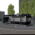 Modern Urban Post Station with Service Windows Green Trees and Tall Buildings