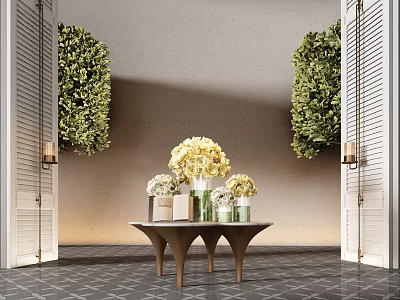 Stylish Entryway Console Table With Flower Arrangements Greenery Walls And Wall Sconces 3d model