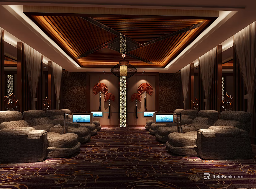 Luxurious SPA Sauna Interior With Lounge Chairs TV Screens And Wooden Ceiling 3d model 
