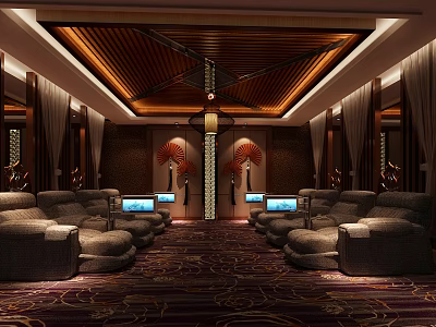Luxurious SPA Sauna Interior With Lounge Chairs TV Screens And Wooden Ceiling 3d model