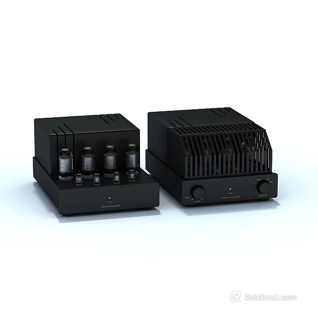 Black Audio Amplifiers Design With Cooling Grilles And Control Knobs 3d model 