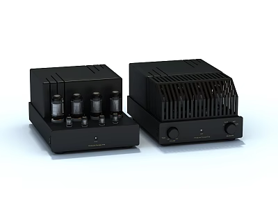 Black Audio Amplifiers Design With Cooling Grilles And Control Knobs 3d model