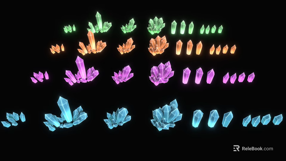 Vibrant Colored Crystal Clusters And Spikes Showcased On Black Background With Various Shapes 3d model 