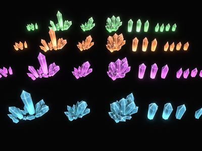 Vibrant Colored Crystal Clusters And Spikes Showcased On Black Background With Various Shapes 3d model