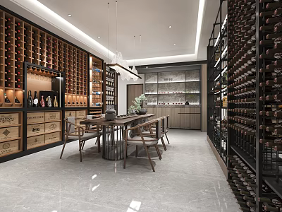 Elegant Modern Tobacco And Alcohol Store Interior With Wine Racks Glass Cabinets Dining Table 3d model