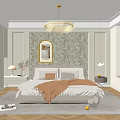 Cozy Bedroom Interior Design With Floral Wallpaper Round Mirror Chandelier And Soft Rug