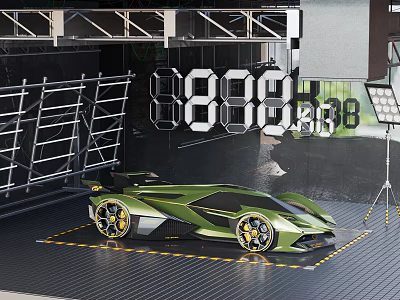 Green Sports Car Displayed With 888 Numbers Scaffolding And Lighting Equipment On Yellow Lines Floor 3d model