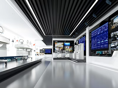 High Tech Exhibition Hall Interior Design With Multiple Display Screens And Interactive Panels 3d model