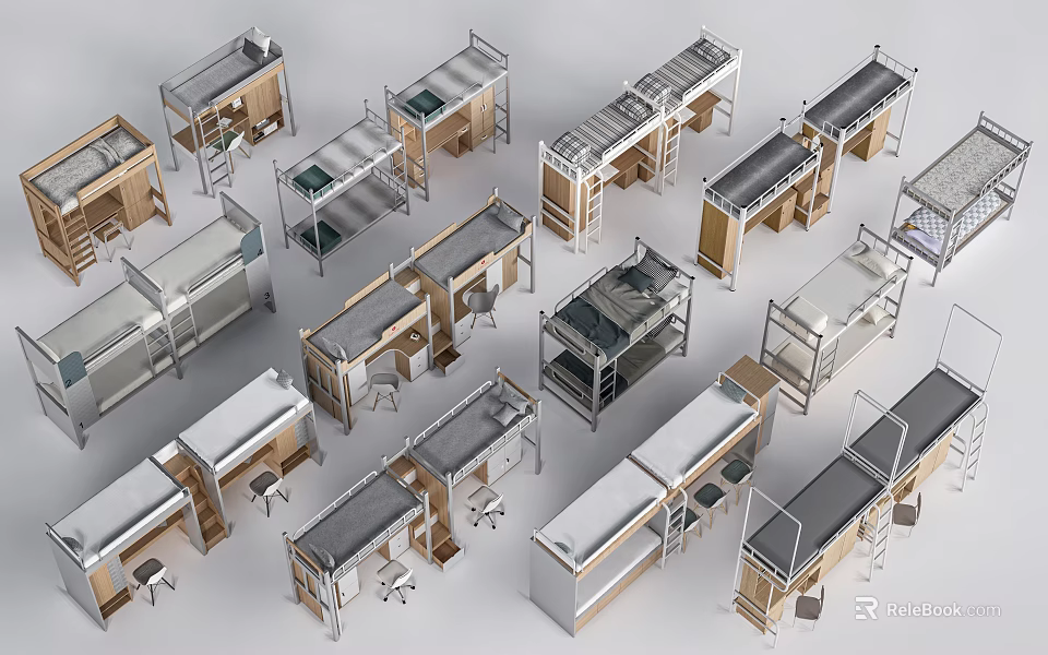 Different Style Bunk Beds Featuring Desk Storage Metal Frames And Wooden Elements 3d model