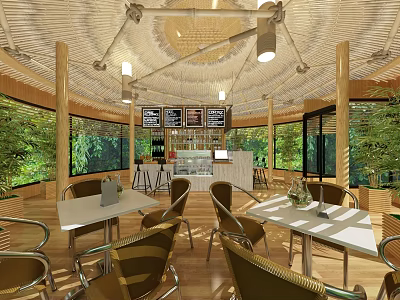 Modern Bar Interior With Wooden Decor Green Plants Open Space And Comfortable Tables Chairs 3d model