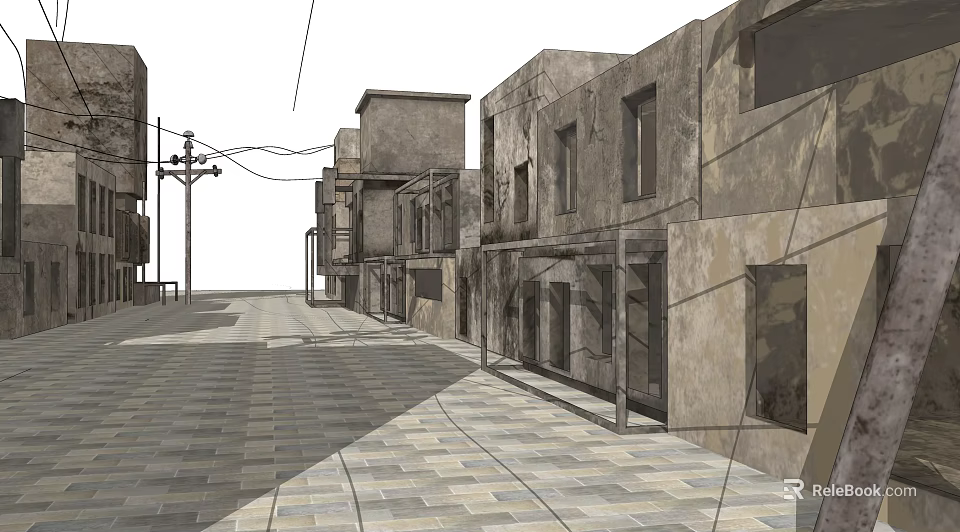 Shabby Urban Street with Rundown Buildings Overhead Wires and Weathered Pavement 3d model 