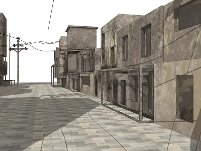 Shabby Urban Street with Rundown Buildings Overhead Wires and Weathered Pavement 3d model