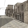 Shabby Urban Street with Rundown Buildings Overhead Wires and Weathered Pavement