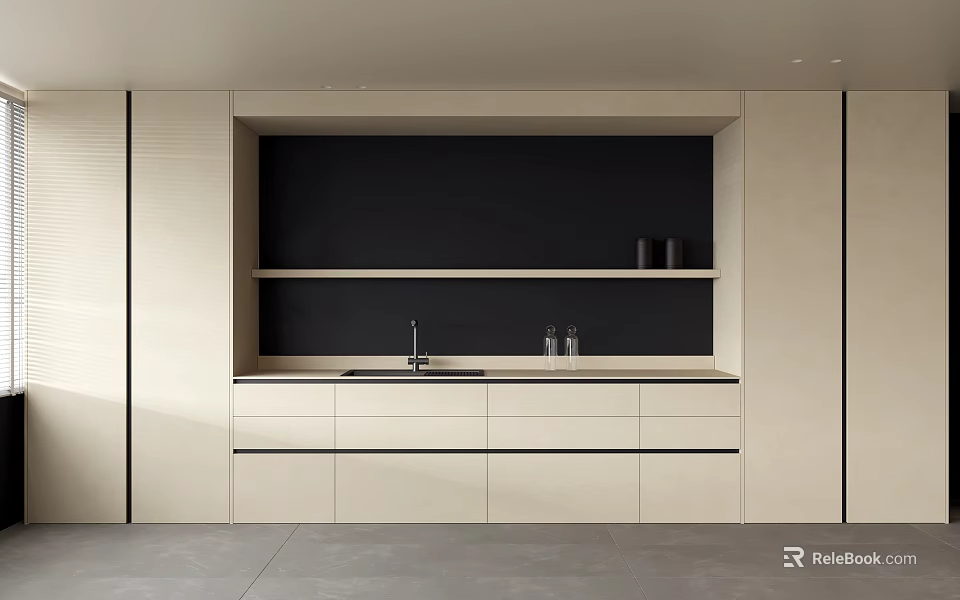 Modern Sideboard With Matte White Countertop Black Backboard Open Shelves And Drawers 3d model 