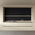 Modern Sideboard With Matte White Countertop Black Backboard Open Shelves And Drawers